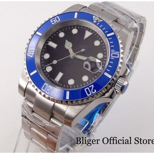 BLIGER Nologo Automatic Men Watch 24 Jewels NH35A Movement Brushed Oyster Strap Sapphire Crystal Screwdown Crown Ceramic insert