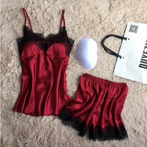 Sexy Summer Pajamas sets Sleepwear for Women Sleeveless Spaghetti Strap Nightwear Lace Trim Satin Top shorts Pajama Sets
