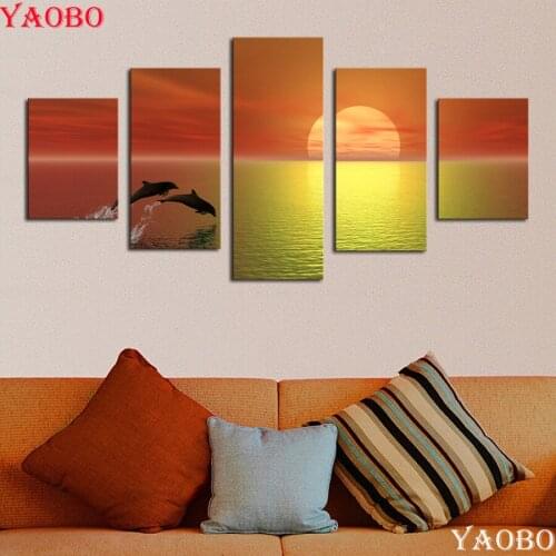 Needlework DIY 5D Diamond Embroidery Sunset Sea scenery Cross Stitch square/round Diamond Painting dolphin Home Decor 5pcs/set