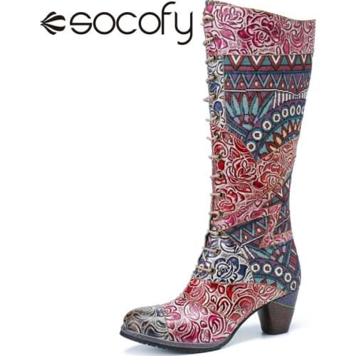 SOCOFY Women Cowhide Cloth Boots Embroidered Mid-Calf Boots Zipper Low Heel Jean Shoes Casual Outdoor Boots Shoes Botas Mujer