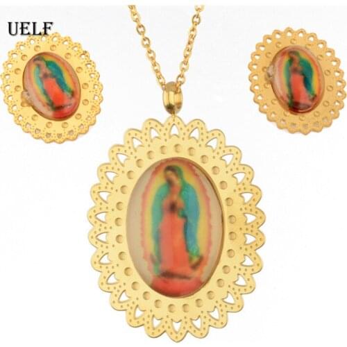 UELF New Fashion Jewelry Set Stainless Steel Blessed Virgin Mary Pendant Necklaces Earrings For Women Catholic church Gift