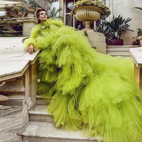 Gorgeous Neon Green Ruffles Tulle Formal Event Party Dresses Tulle Draped High Low Prom Gowns Full Sleeves Puffy Party Dress