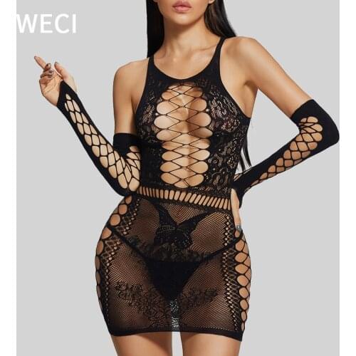 WECI Fishnet Bodysuit Intimate Body Sexy Erotica Lingerie Woman Lace Net Dress Short Skirts Wrap Buttom Butterfly Pattern Porno