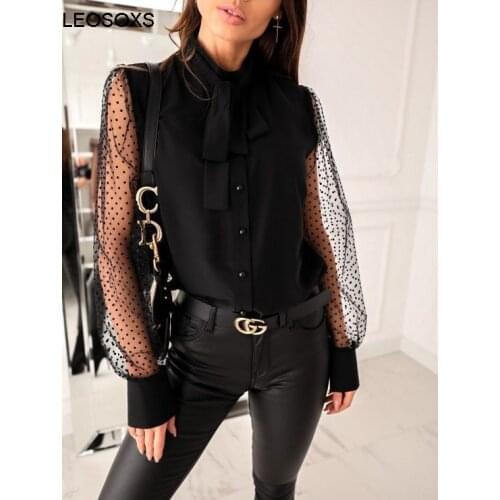 Womens Clothing Summer 2021 New Fashion Polka Dot Mesh Stitching Button Bow Shirt Temperament Commute Tops