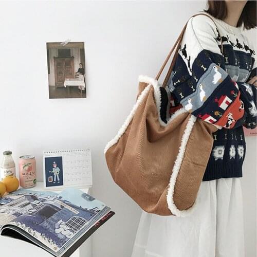 Hylhexyr Womens Shoulder Bag Large Capacity Schoolbag Girls Plush Bags Simple Handbag Student Corduroy Tote Casual Solid Color