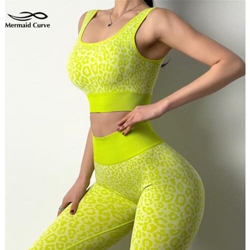Mermaid Curve Summer New Leopard Fitness Sport Sets Female Quakeproof Sports Bra + High Waist Leggings Women Seamless Yoga Set