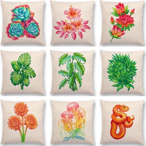 Watercolor Plants Hibiscus Agave Monstera Philodendron Peony Phoenix Palm Lotus Fern Flowers Cushion Cover Sofa Pillow Case