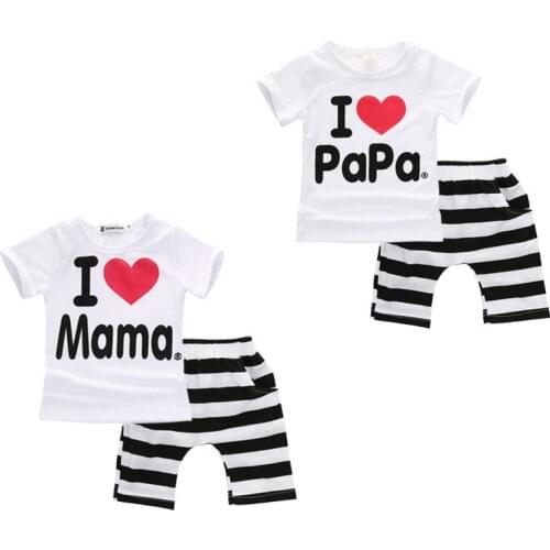 I Love Papa Mama Newborn Baby Boy Girl Cotton White Short Sleeve Letter Print T-Shirt Tops Striped Short Pants 2PCS 2 Style