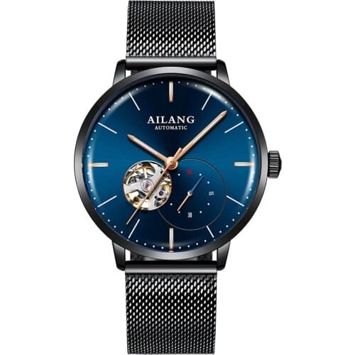 AILANG Watches For Mens Automatic Mechanical Fashion Dress Skeleton Wrist Watch Unique pointer Slim Mesh Steel Band Analog Clock