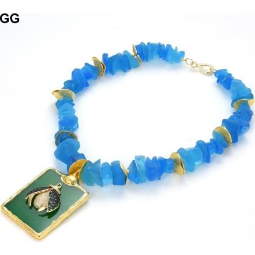 GuaiGuai Jewelry Blue Glass Rough Raw Nugget Choker Necklace Green Jades Cz Pave Pendant Necklace Hyperbole Style For Women