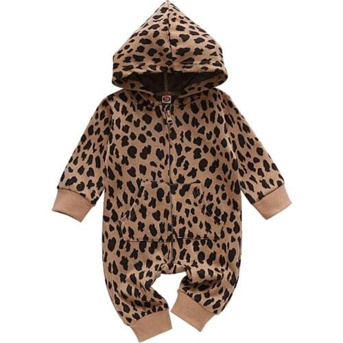2020 Newborn Baby Girls Boys Infant Leopard Print Romper Toddler Long Sleeve Front Pockets Jumpsuit Baby Hooded Playsuit 3-24M