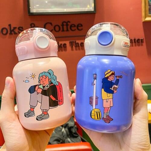 Small Portable Vacuum Stainless Dteel Thermos Cup Personality Trend Straw Cup Outdoor Student Water Bottle Gifts For Couples