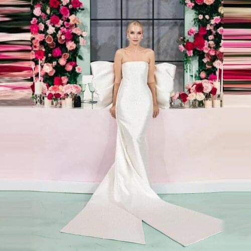 Cute Big Bow Wedding Dresses Boat Neck Custom Made Bowknot Mermaid Bridal Wedding Dressing Gown With Train Satin Beaded Gowns