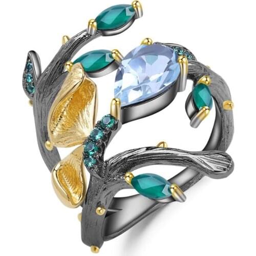 MOONROCY Black Color Rings Gothic style Crystal Party Ring Leaf Butterfly for Women Female Gift Dropshipping Jewelry Wholesale