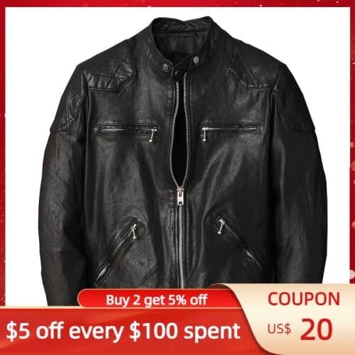 2021 Black Motorcycle Style Genuine Leather Jacket Men Plus Size 5XL Real Thin Sheepskin Spring Slim Fit Short Biker Coat