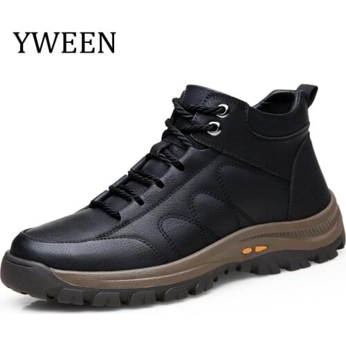 YWEEN Autumn Winter Men Boots Wool Fur Thick Composite Sole leather Shoes Cowhide Leather Sewing Outdoors Ankle Boots for Man