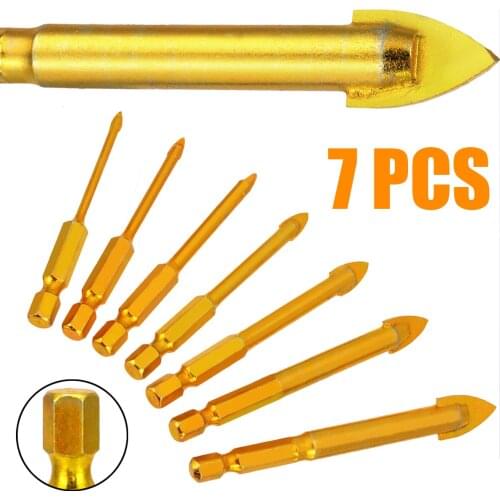 7pcs/set Gold 1/4" Hex Shank Porcelain Ceramic Tile Tungsten Carbide Glass Drill Bits Set 3/4/6/8/10/12mm