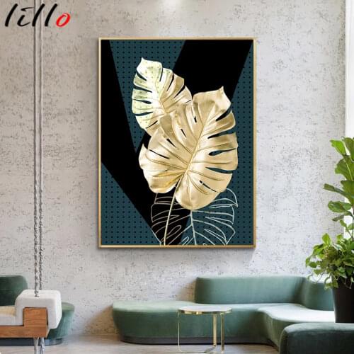 Golden green plant leaf canvas poster ginkgo wall art painting posters and wall prints for lounge decor