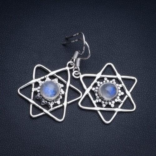 Natural Rainbow Moonstone Boho Style 925 Sterling Silver Drop Earrings 1 1/2" R1931