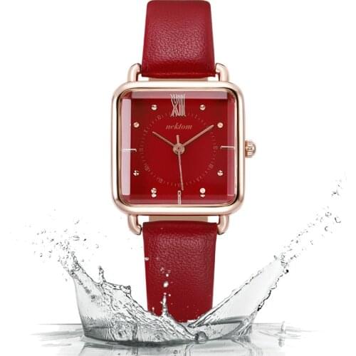 NEKTOM Dropshipping Luxury Top Brand Womens Watches New Square Rhinestone Red Leather Band Waterproof Ladies Watch Reloj Mujer