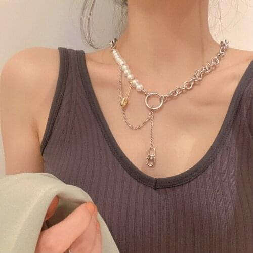 New Fashion Style Hip Hop Cool Style Geometric Pearl Pin Necklace Collarbone Chain Personality Girl Hip Hop Rock Rap Jewelry