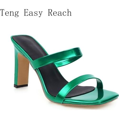 New Shinny Gold Silver Green Woman Slippers Open Toe High Heels Outside Sandal Slides for Women Ladies Pumps Mules Big Size 46
