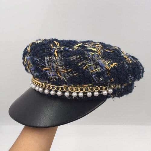 Autumn British navy hat leather eaves pearl chain cap lat face little shade