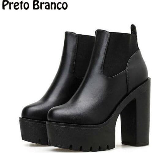PRETO BRANCO 2020 Women Boots Autumn Winter Casual Thick Thick With Round Head Sleeve High Heel Boots Ankle Boots Women 13cm JXQ