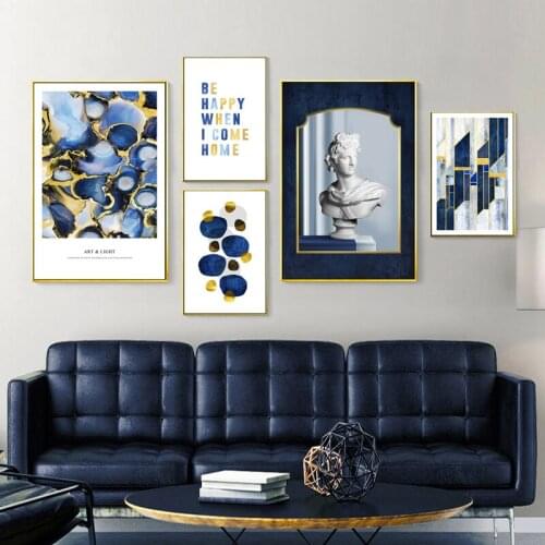Simple Modern Nordic Blue Sculpture Space Art Poster Combination Literary Retro Decoration Living Room Canvas Print Hanging