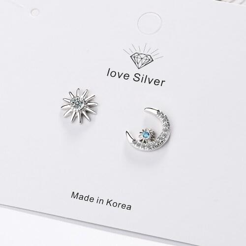 925 Sterling Silver Romantic Star Moon Asymmetrical Stud Earrings With Blue Zircon Party Jewelry Dropshipping S-E884