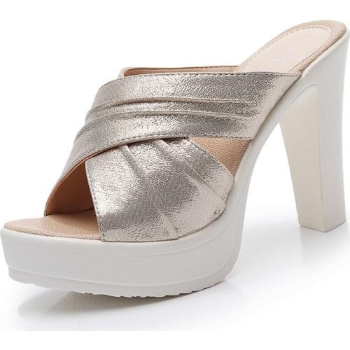 2021 Summer Women Gladiator Shoes 10cm Block High Heels Slippers Open Toe Platform Sandals Gold Silver Black Slides 32-43