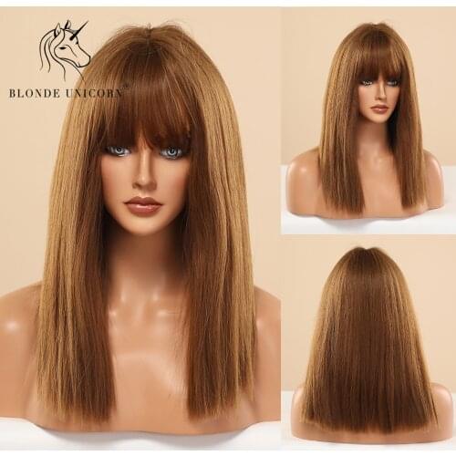 Blonde Unicorn Medium Long Synthetic Wigs with Bangs Straight Hair Wig Blonde Brown Daily Party Wigs Heat Resistant Fiber