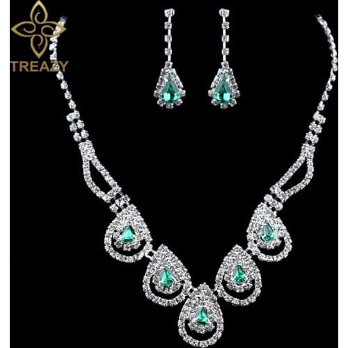 TREAZY Green Crystal African Jewelry Sets Classic Waterdrop Necklace Earrings Set for Women Wedding Bridal Party Jewelry Sets