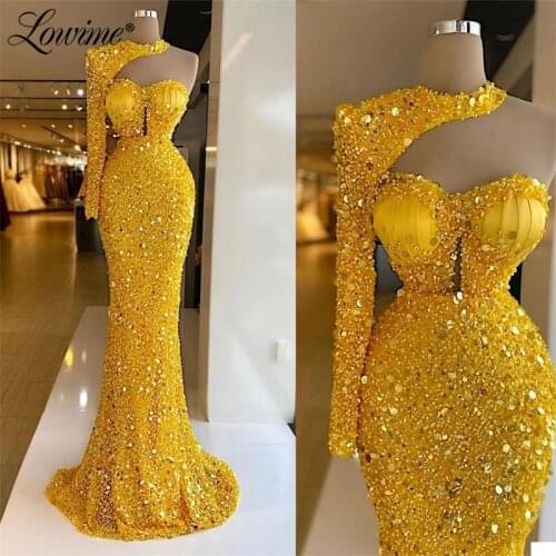 Yellow Beads Dubai Evening Dresses 2021 Formal Long Sequined Evening Gowns Mermaid One Shoulder Robes Party Prom Dress Vestidos