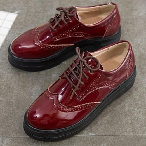Round Toe Womens British Style Brogue Glossy Patent Leather Wedge Pumps Med Heel Court Shoes Plus Size 33-43 Uninnova