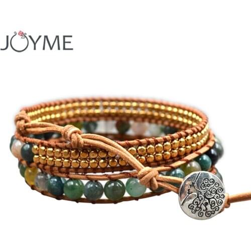 Women Bohemian Stone Bracelets with Leather Woven Handmade Boho Style Tree of Life Charm Wrap Drop Shipping Bracelets