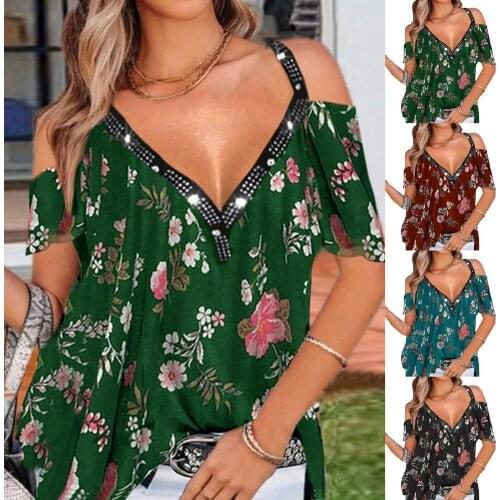 Summer New Women Tops Loose Floral Print Top Sexy V-neck Strapless Short-sleeved T-shirt Casual Large Size Pullover Blusas