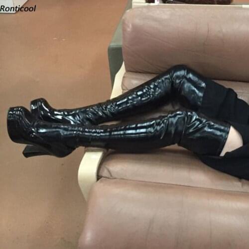 Ronticool Women Spring Platform Thigh Boots Glossy Flexible Side Zipper Hoof Heel Round Toe Black Party Shoes Women Us Size 5-15
