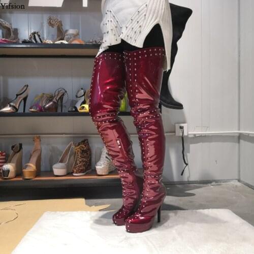 Olomm New Women Platform Thigh High Boots Stiletto High Heel Boots Round Toe Wine Red Night Club Shoes Women Plus US Size 5-15