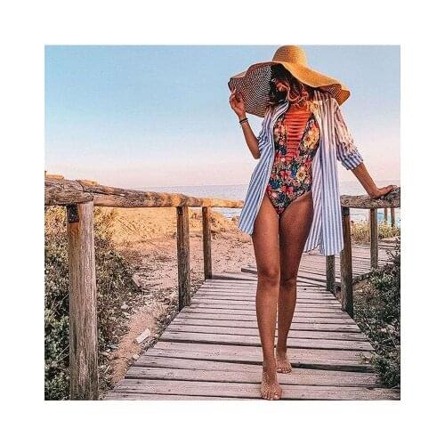Newest Arrival Women Floral Printed Monokini Swimwear Cut Out Deep V Neck Bodycon Fit One Piece Swimsuits Summer Beach Outfits