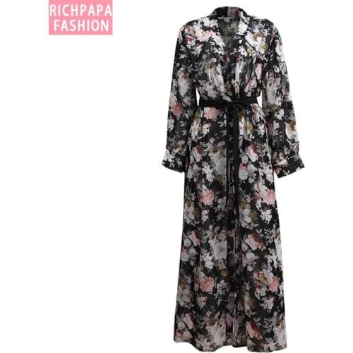 Plus Size Boho Abaya Kimono Muslim Women Floral Chiffon Mesh Maxi Cardigan Blouse Dubai Turkish Islamic Prayer Clothing