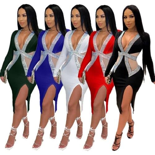 Rhinestones Sheer Mesh Patchwork Bodycon Dress Woman Long Sleeve V Neck Side High Split Midi Dresses Party Wear Plus Size S-4XL