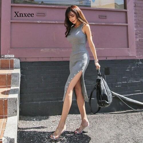 Knitted Dress for Women Summer Sleeveless o Neck Cotton Ladies Black Gray Sexy Single Breasted Split Tight Vest Dresses