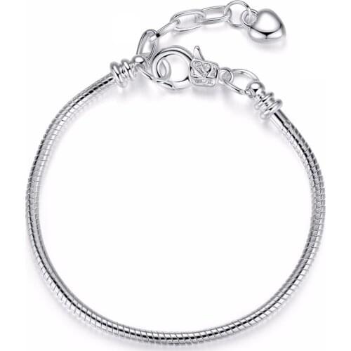 1pcs Silver Plated Lobster Clasp Snake Chain Charm Heart Bracelet & Bangle Fit European Big Hole Charms Beads Jewelry DIY #PP13