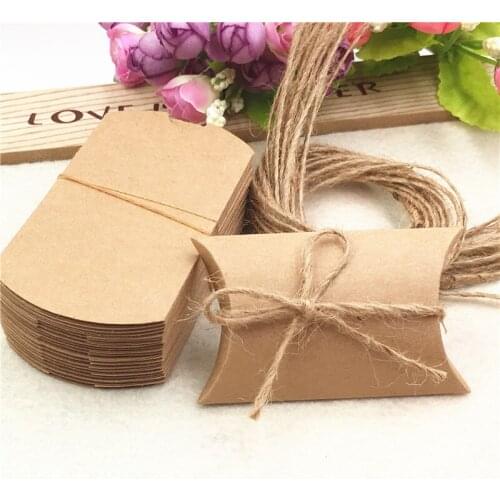 100Pcs Retro Kraft Small Pillow Shape Candy Boxes+100pcs rope Wedding Favor Kraft Gift Box European Party Supplies