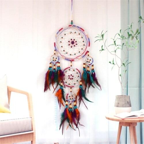 Handmade Dream Catcher Home Colorful 5 Rings Feather Wind Chime Pendant Wall Ornaments Valentines Day Girl Hanging Art Gifts
