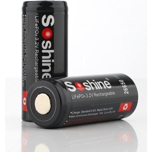 1 Pair Brand New Soshine LifePO4 26650 3.2V 3200mAh Rechargeable Batteries Protected