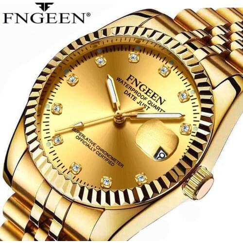 Gold Watches for Mens Top Brand Luxury Diamond Quartz Couple Watch Women Steel Strap Date Luminous Reloj Hombre Dress Watch