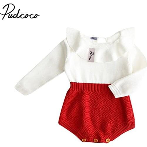 Cute Winter Newborn Baby Girl Knitting Tops Romper Jumpsuit Clothes Red White Patchwork Ruffle Rompers Outfits Clothes 0-24M