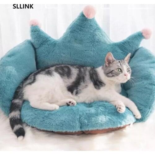 Cat Sofa Cat Winter Warm Bed Solid Color Crown Shape Puppy Bed Soft Office Chair Cushion Washable Thicken Pet Sofa Pet Supplies